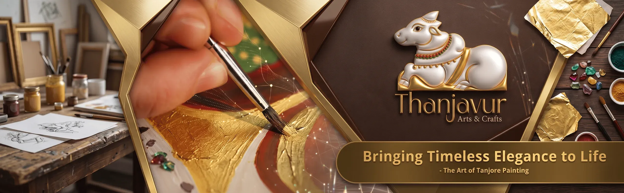 Intricate Tanjore art with raised gesso relief and gold detailing